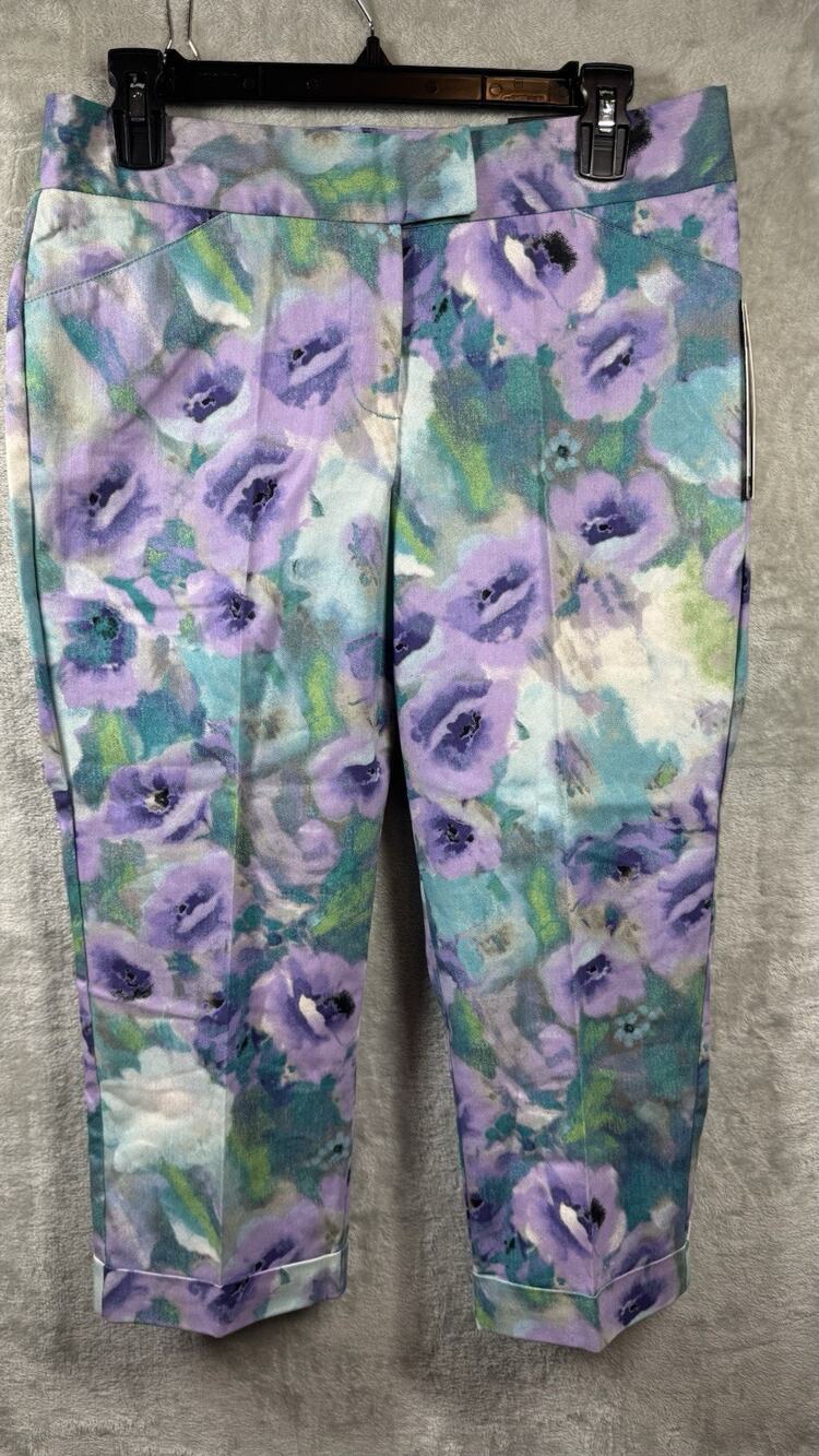 Larry Lavine NEW Cropped Womens Pants Sz 6 Lavender/Teal Floral Stretch Zipper